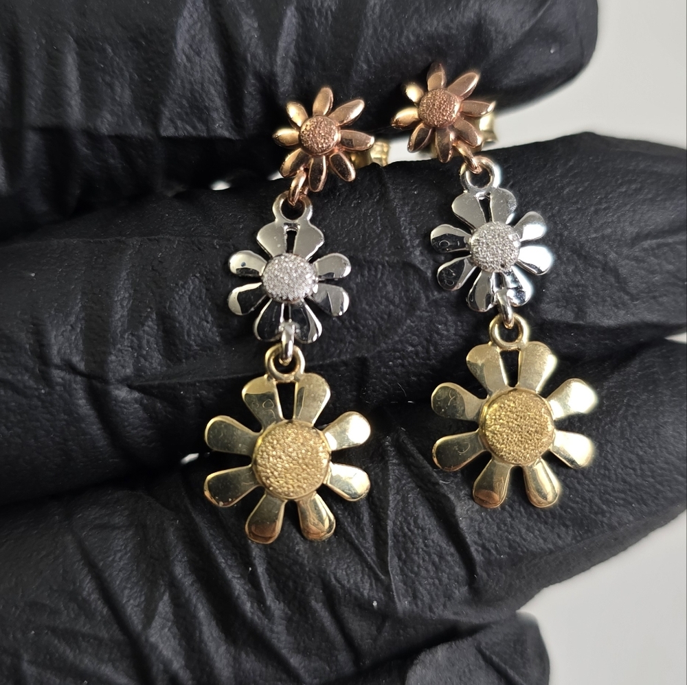 14K Gold Tricolor PLUMERIA LIKE Flower Dangle Earrings